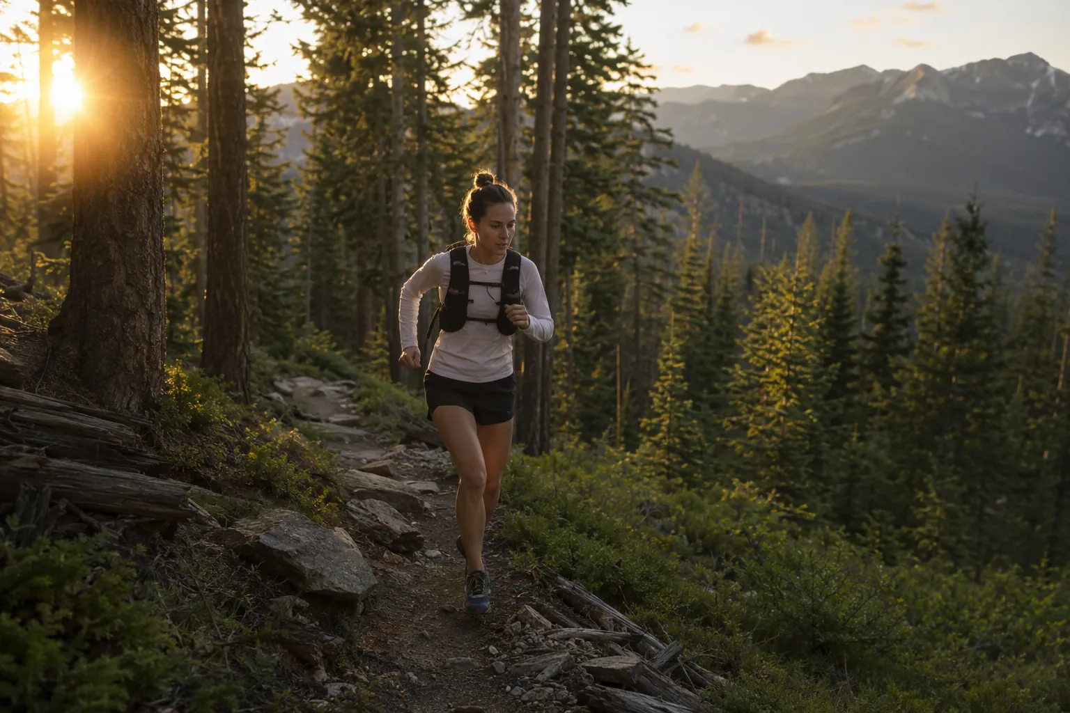 Solo fitness hiker moving briskly through a forest trail at dawn in bear habitat