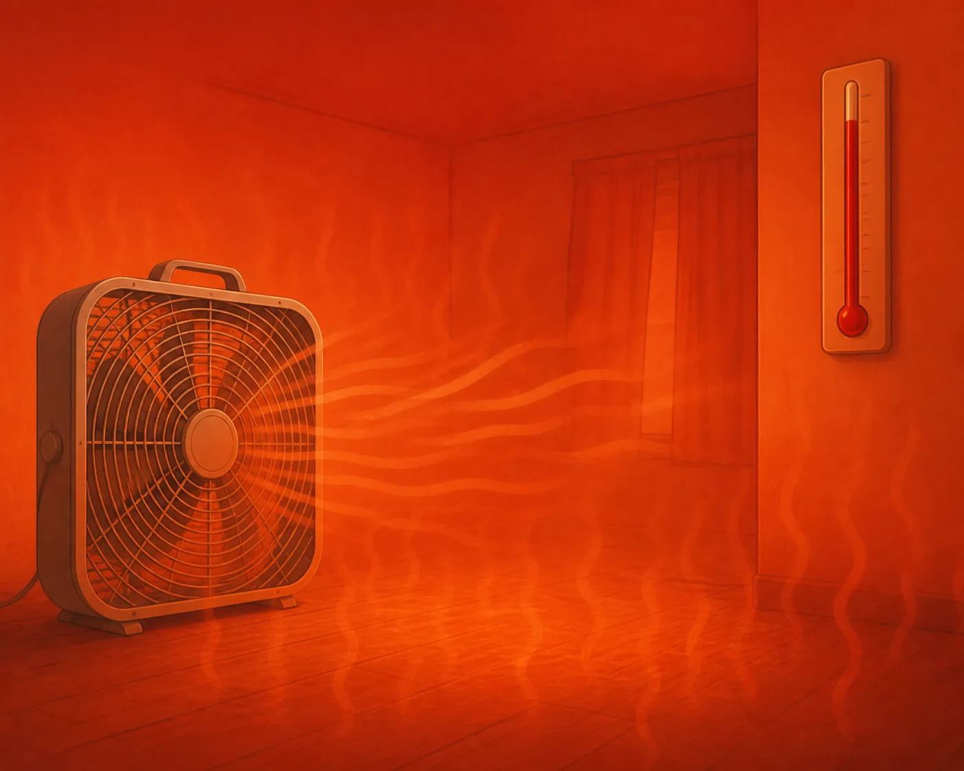 Small hot room with a box fan, red-zone wall thermometer, and visible heat haze