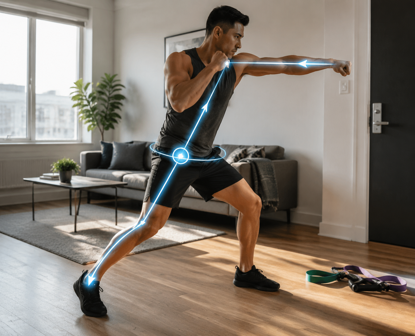 Athlete punching in a compact apartment with motion lines showing force transfer from foot to fist