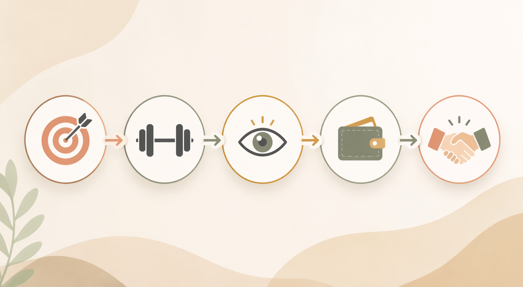Five circular nodes connected by arrows representing the decision pathway: target, dumbbell, eye, wallet, handshake icons.