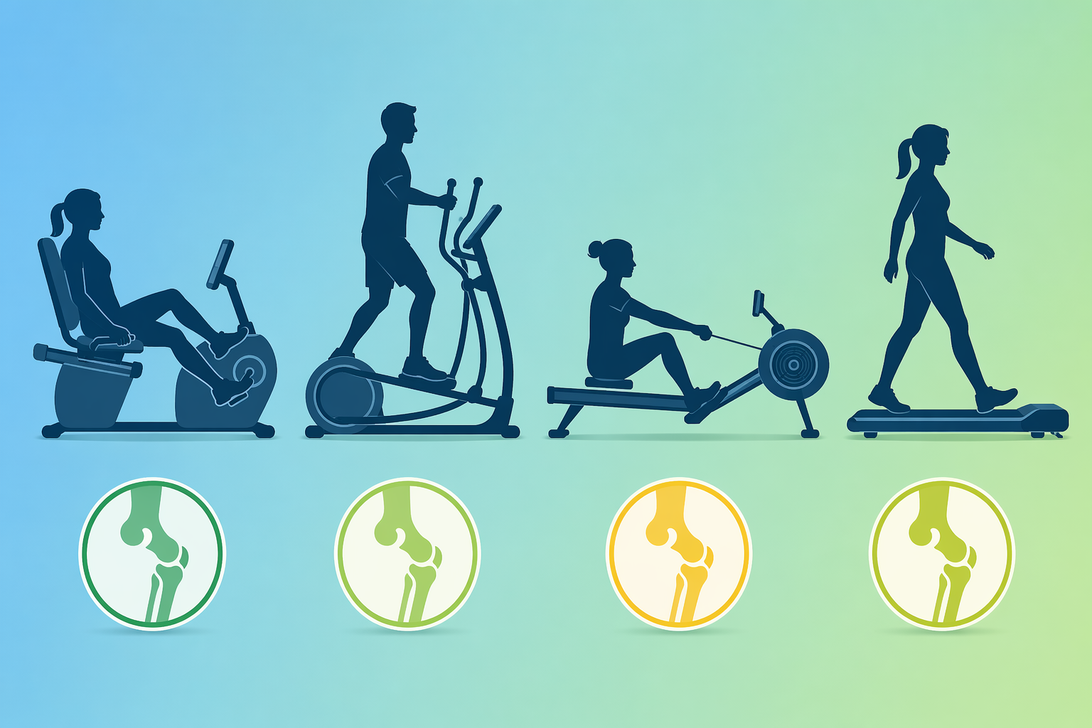 Four flat-vector silhouettes of people on a recumbent bike, elliptical, rowing machine, and walking pad arranged horizontally on a blue-to-green gradient background, with color-coded joint-stress indicators beneath each machine.