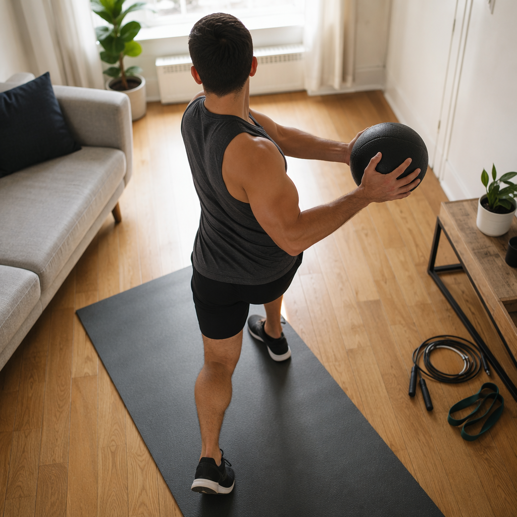 Athlete performing a controlled medicine ball rotational throw in a small apartment