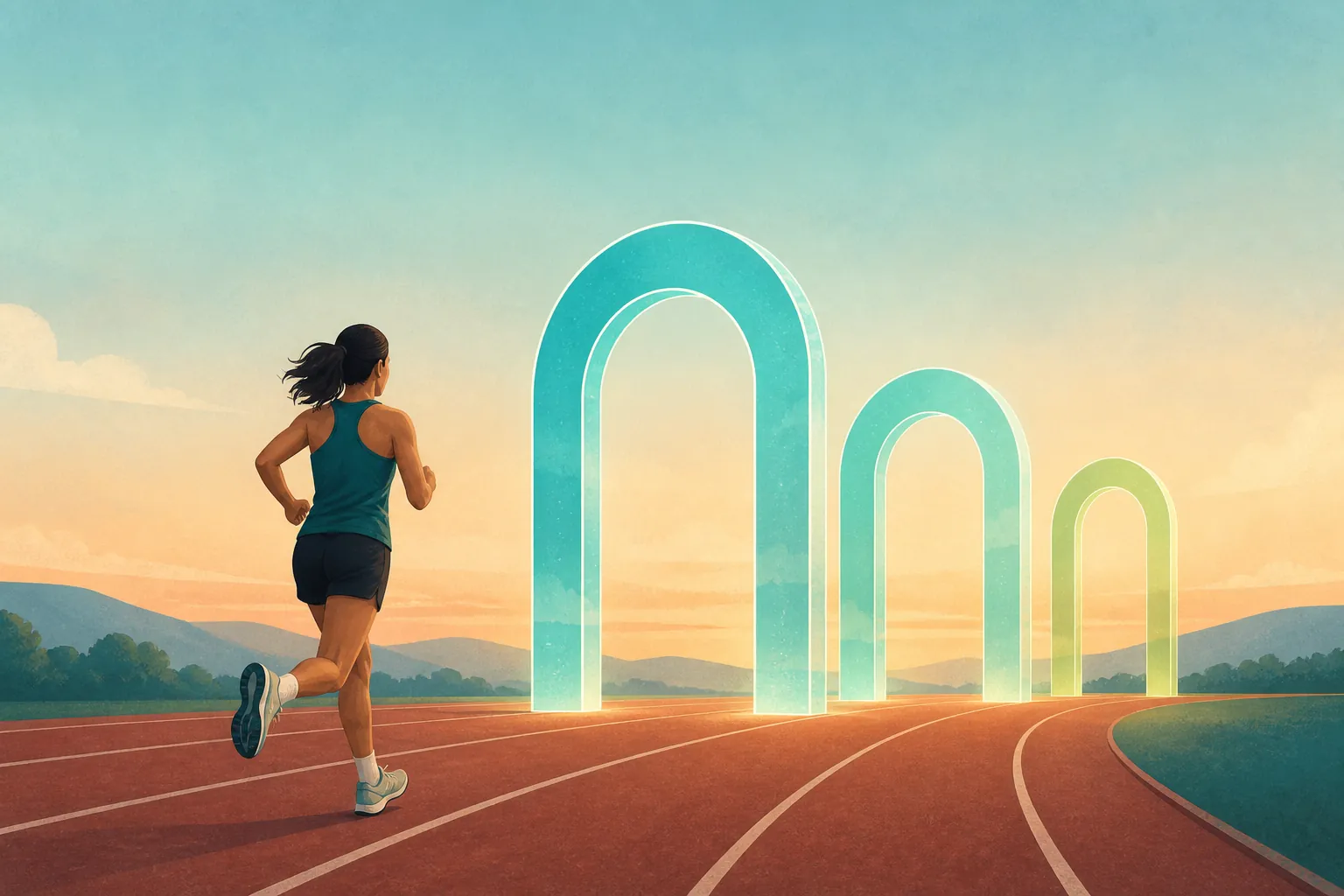 Runner moving toward three glowing arches representing return-to-sport milestone checkpoints