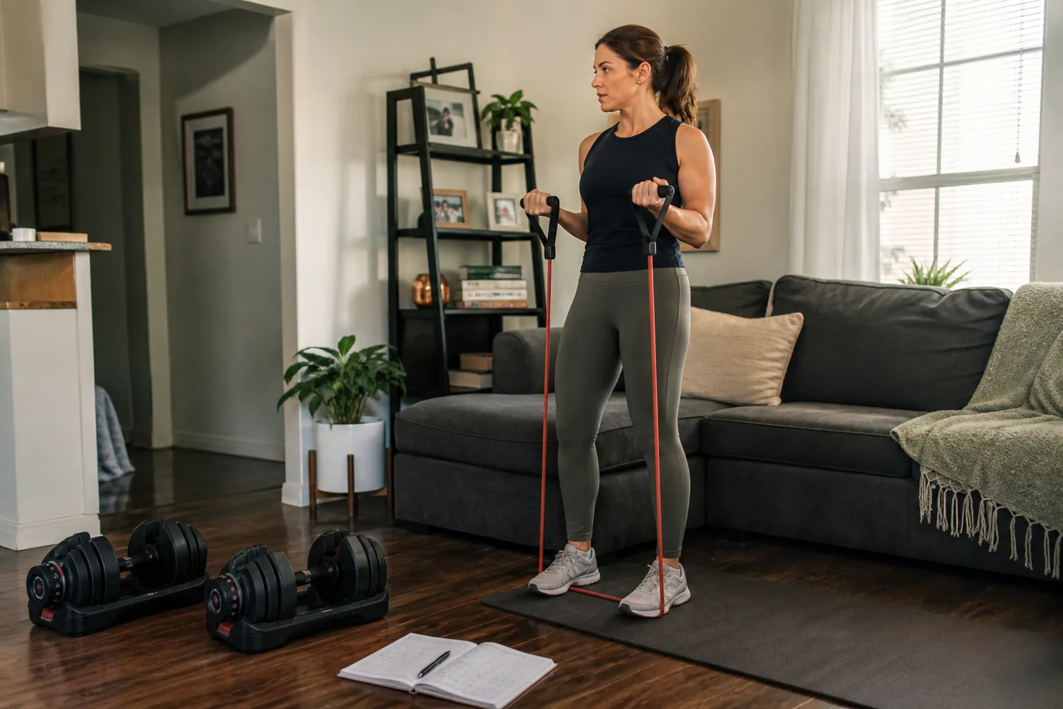 Woman doing a resistance-band exercise in a small apartment with dumbbells and a paper notebook nearby