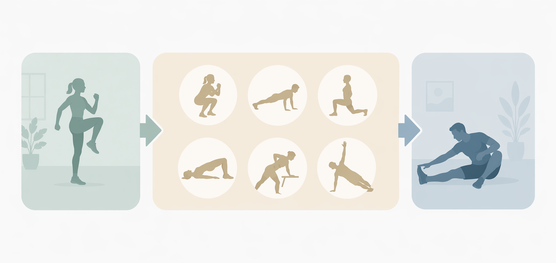 Editorial visual of a 20-minute workout flow with warm-up, two-round circuit, and cool-down segments