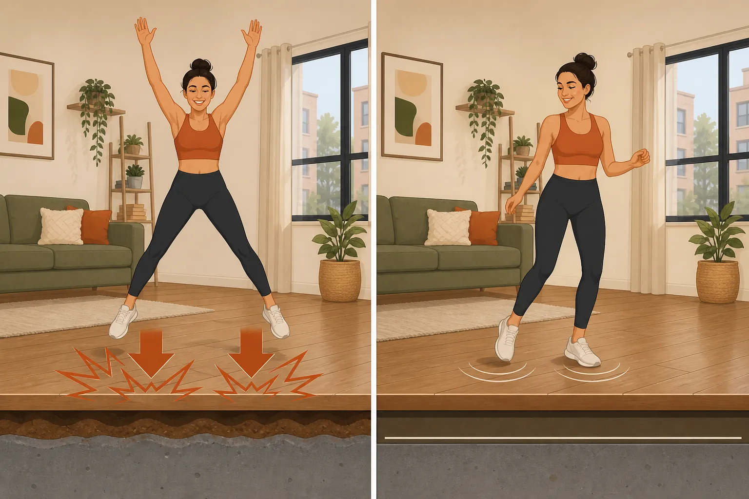Illustration comparing a loud jumping jack with a quiet low-impact step-touch in an apartment