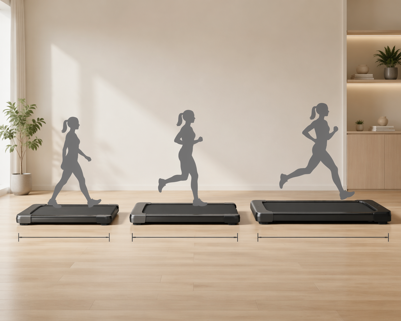 Three treadmill deck profiles showing 47-inch, 54-inch, and 60-inch decks for walking, jogging, and running