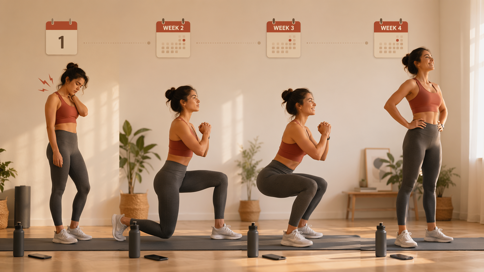 A beginner in workout clothes progresses across a home workout timeline from hesitant to confident on a yoga mat.