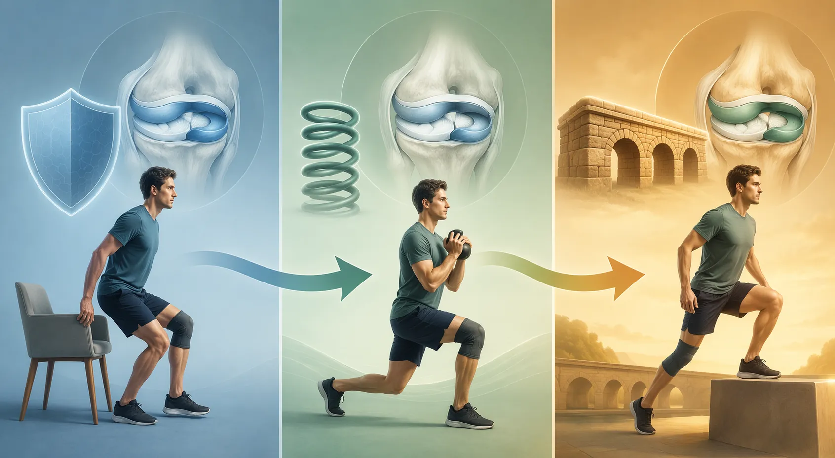 Three-panel visual showing protected movement, controlled loading, and later strengthening for meniscus tear recovery