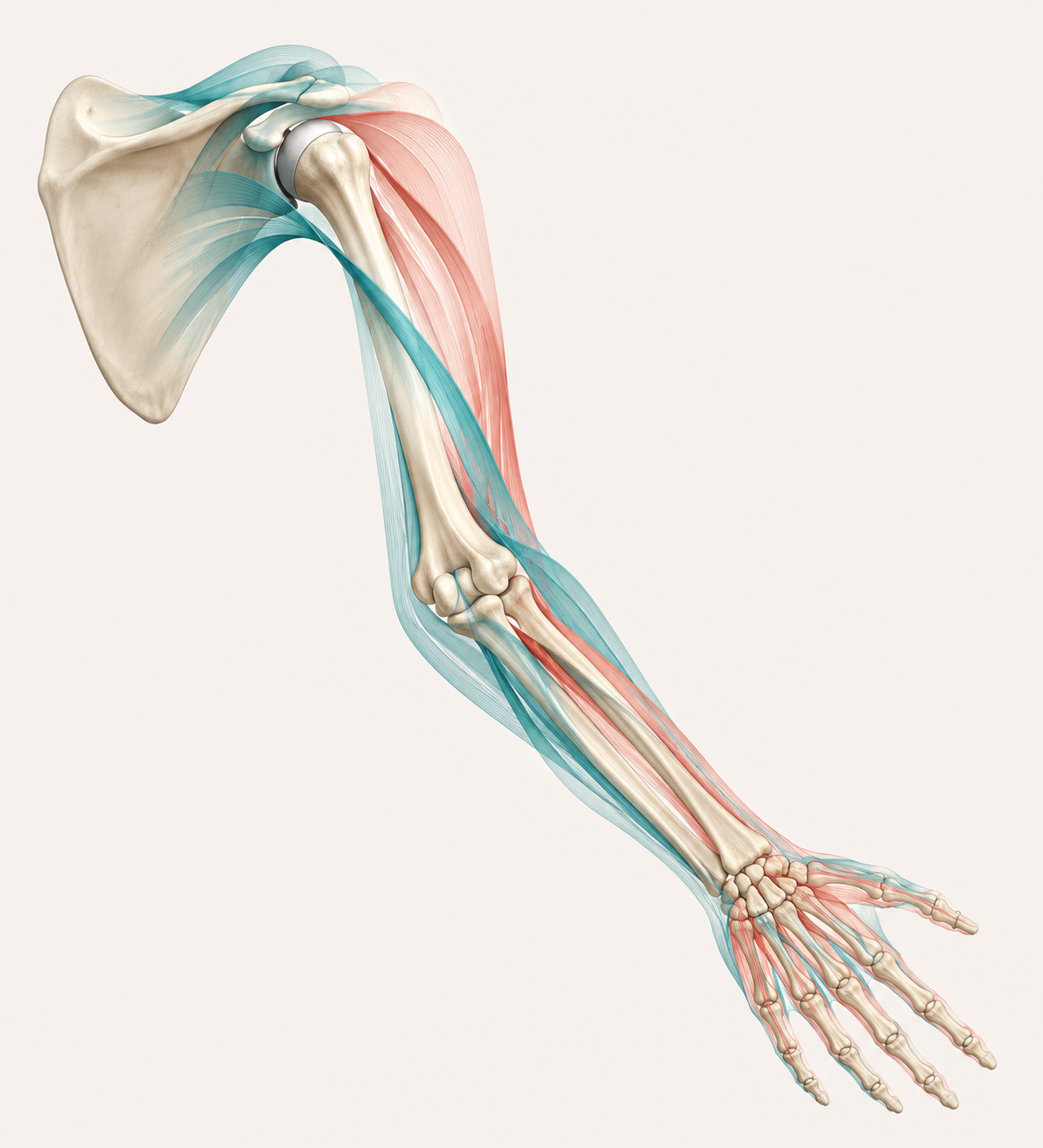 Diagram of the upper extremity kinetic chain from scapula through shoulder, elbow, forearm, and hand