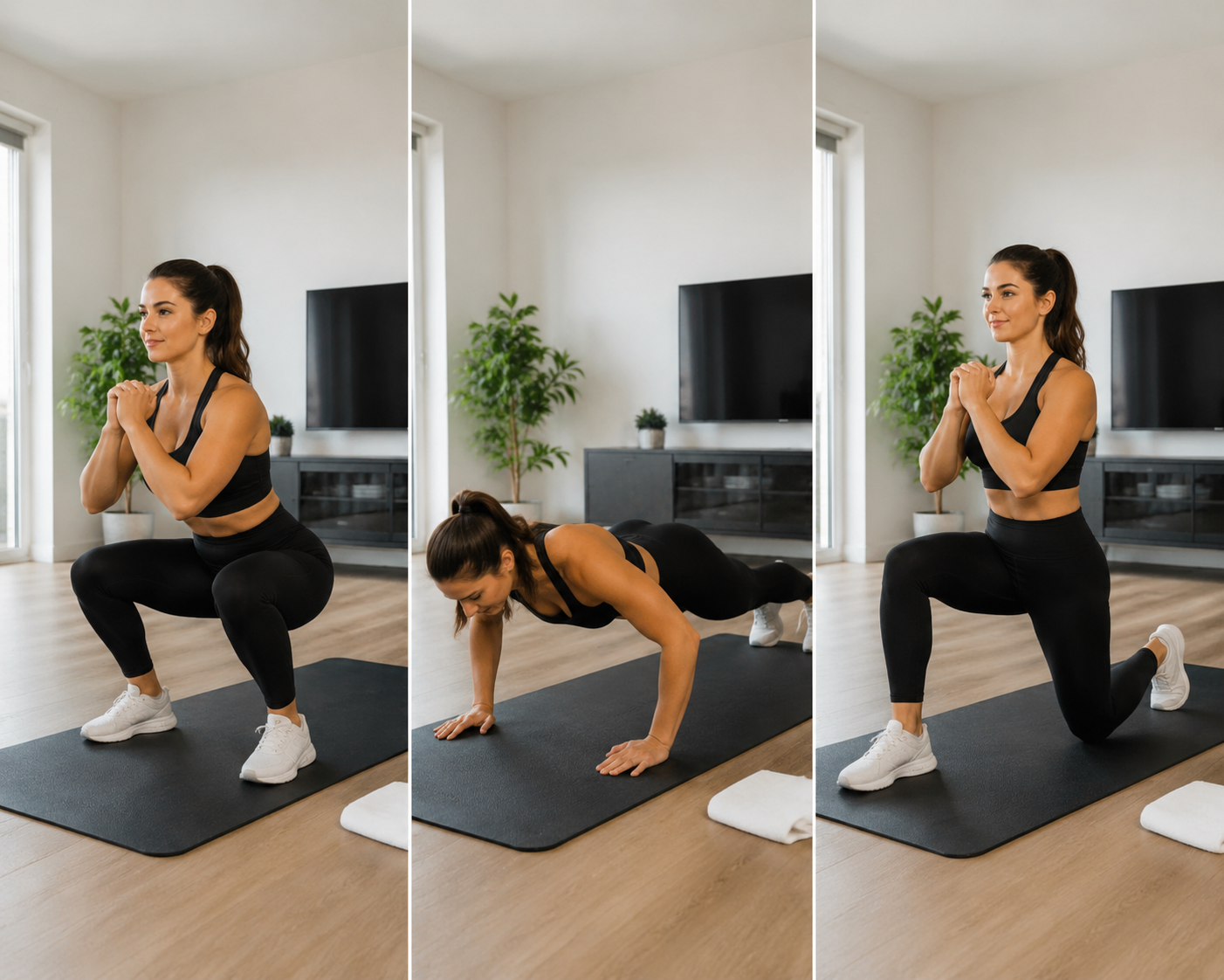 A clean indoor workout space showing bodyweight squats, push-ups, and reverse lunges