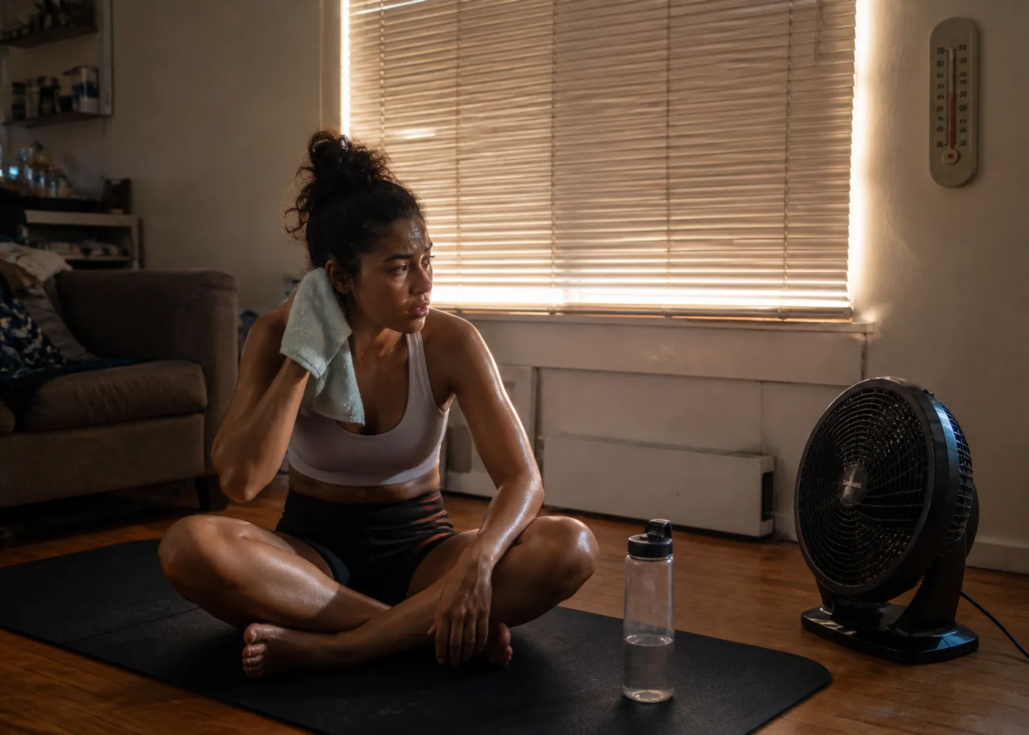 Renter resting on an exercise mat with a damp towel and floor fan during an intense apartment heat wave