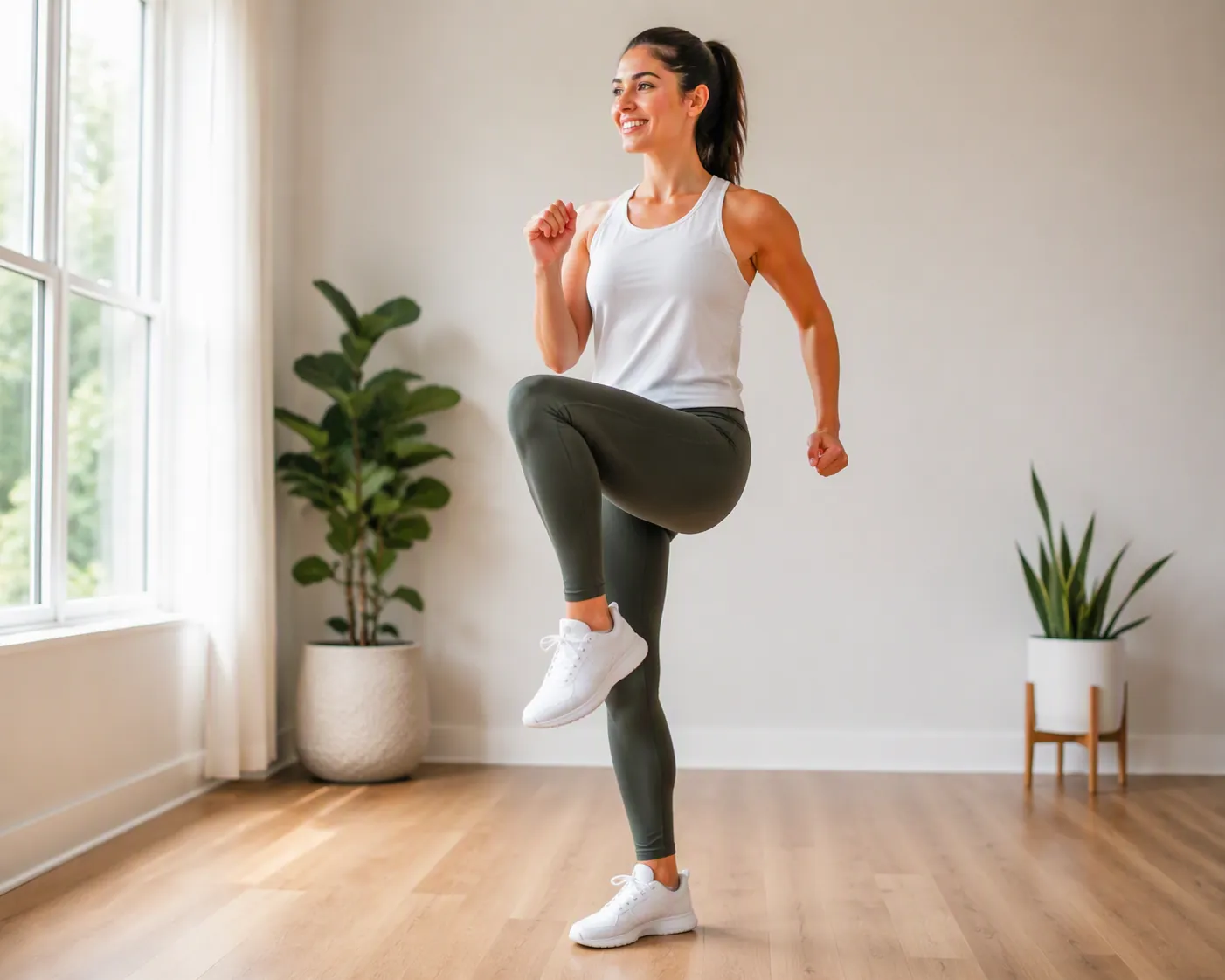 Woman marching in place in a bright living room with no equipment