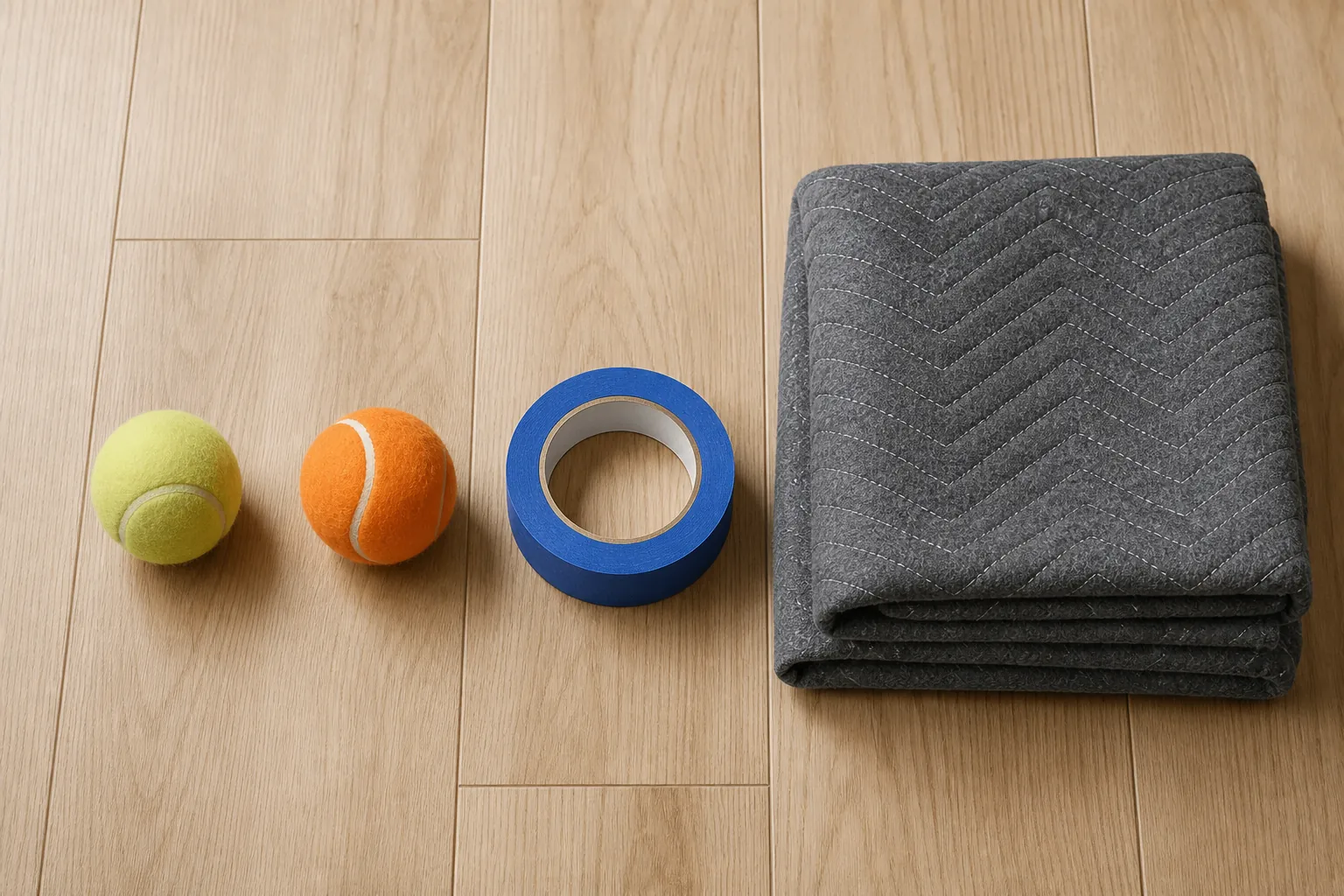 Foam tennis ball, low-compression tennis ball, painter's tape, and a folded moving blanket arranged on a wood floor