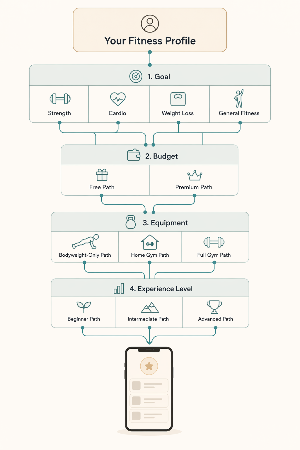 A decision flowchart starting with 'Your Fitness Profile' branching through four sequential decision points: Goal, Budget, Equipment, Experience Level, then ending at a smartphone icon representing the recommended apps.
