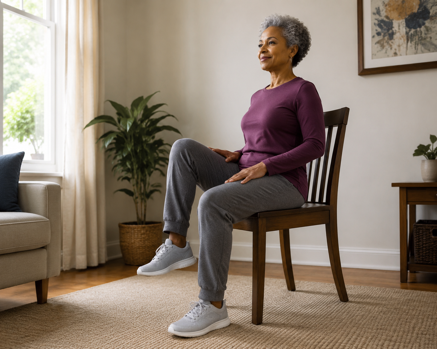 Person seated upright on a chair performing a controlled seated marching exercise