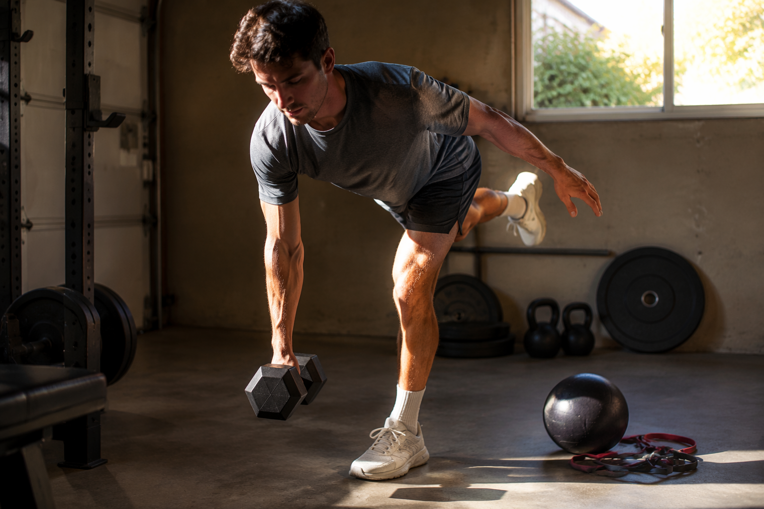 Baseball player doing a single-leg Romanian deadlift in a garage gym.