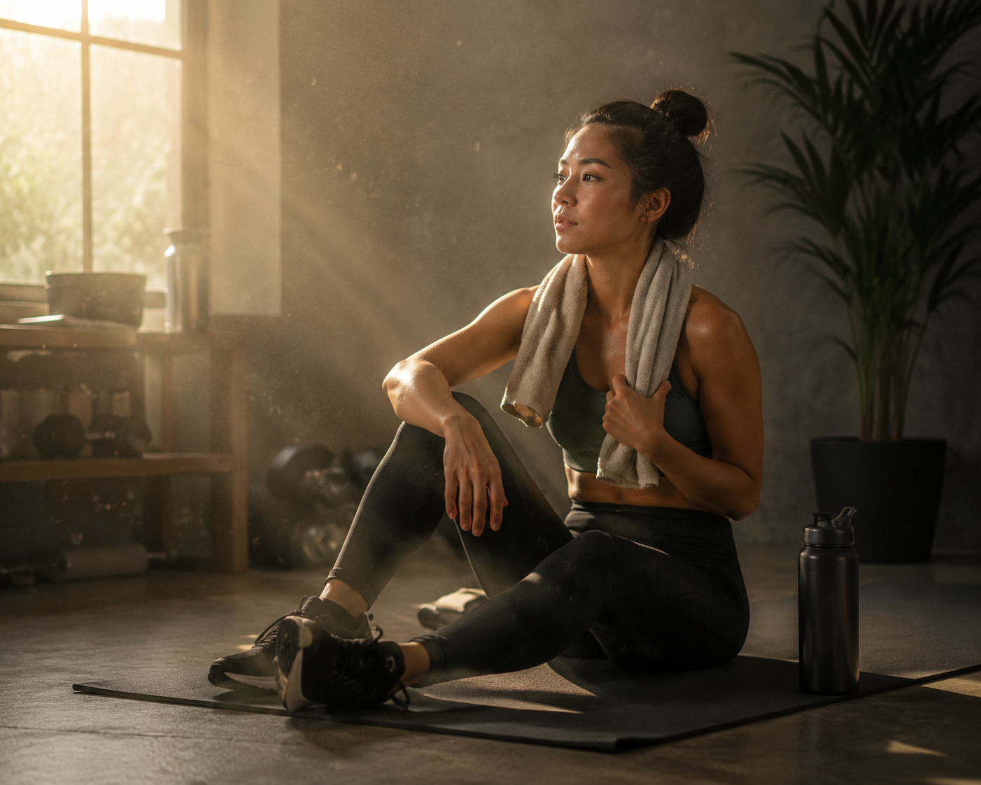 Person cooling down on a yoga mat in a hazy home gym after a workout