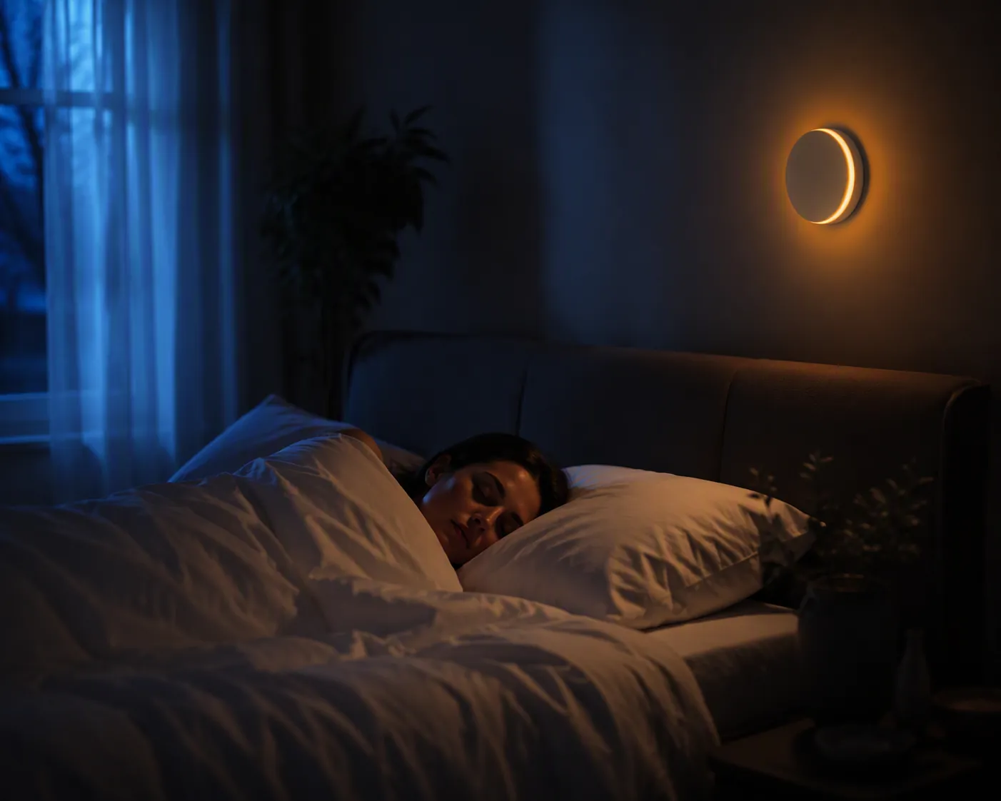A calm dark bedroom with a sleeping person, a glowing thermostat, cool moonlight, and warm thermostat light