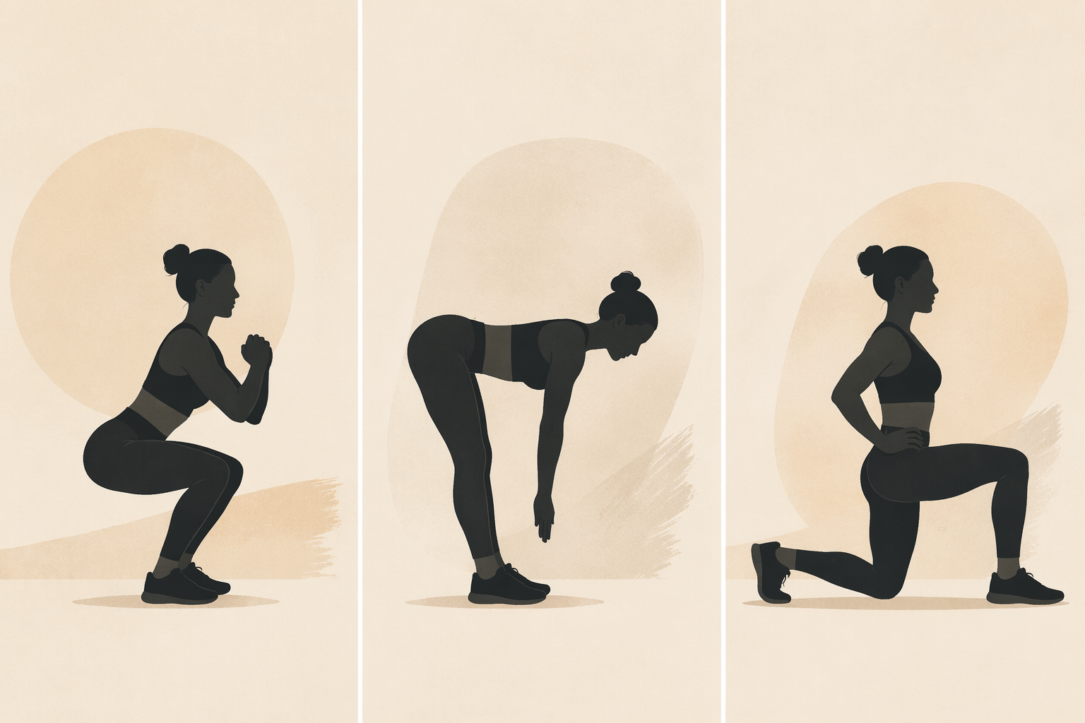 Minimalist illustration showing squat, hip hinge, and lunge movement patterns