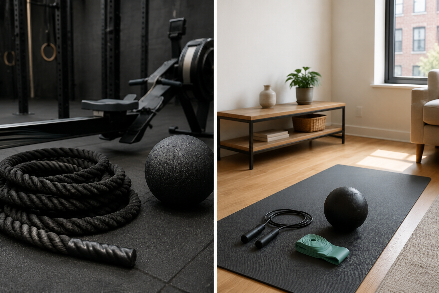 Compact apartment setup with pro gym gear on one side and home equipment on the other