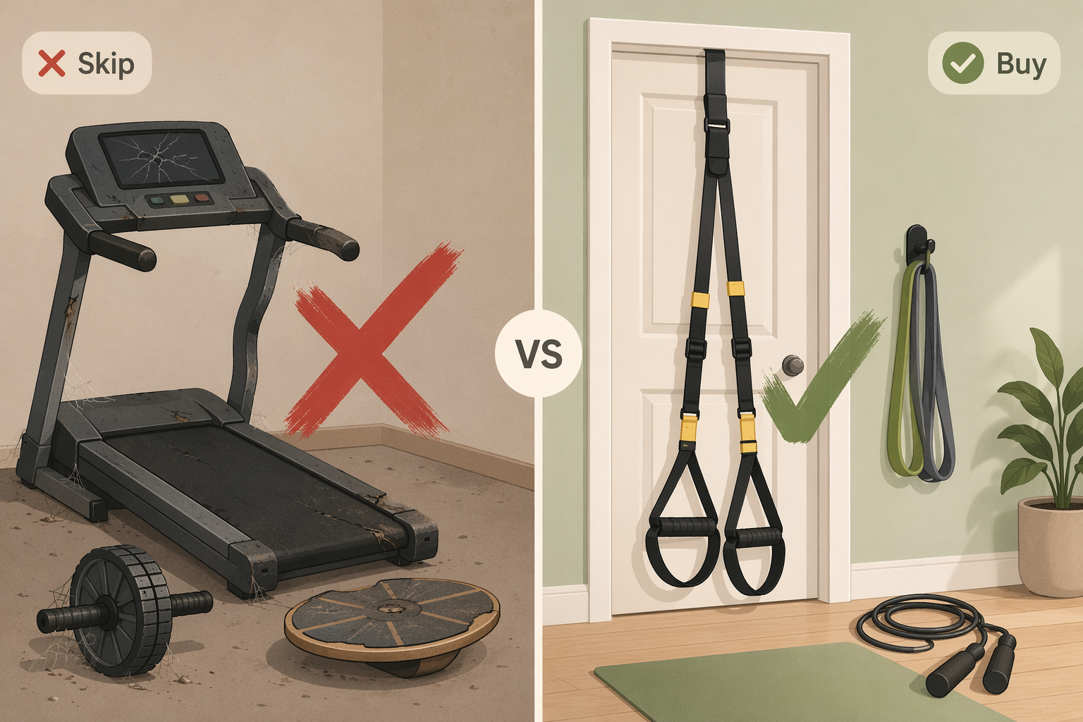 A split-comparison editorial illustration. Left side shows a cheap treadmill with a cracked display and bent handrail alongside an ab wheel and balance board, with a red X overlay. Right side shows a TRX suspension trainer hanging from a door anchor, resistance bands, and a jump rope, with a green checkmark overlay. Subtle 'Skip' and 'Buy' indicators separate the two sides.