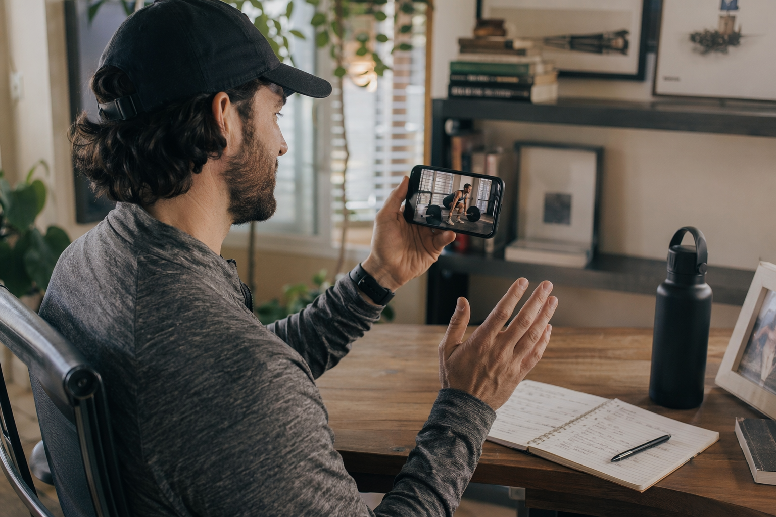 Remote strength coach reviewing a lifter's deadlift video on a smartphone