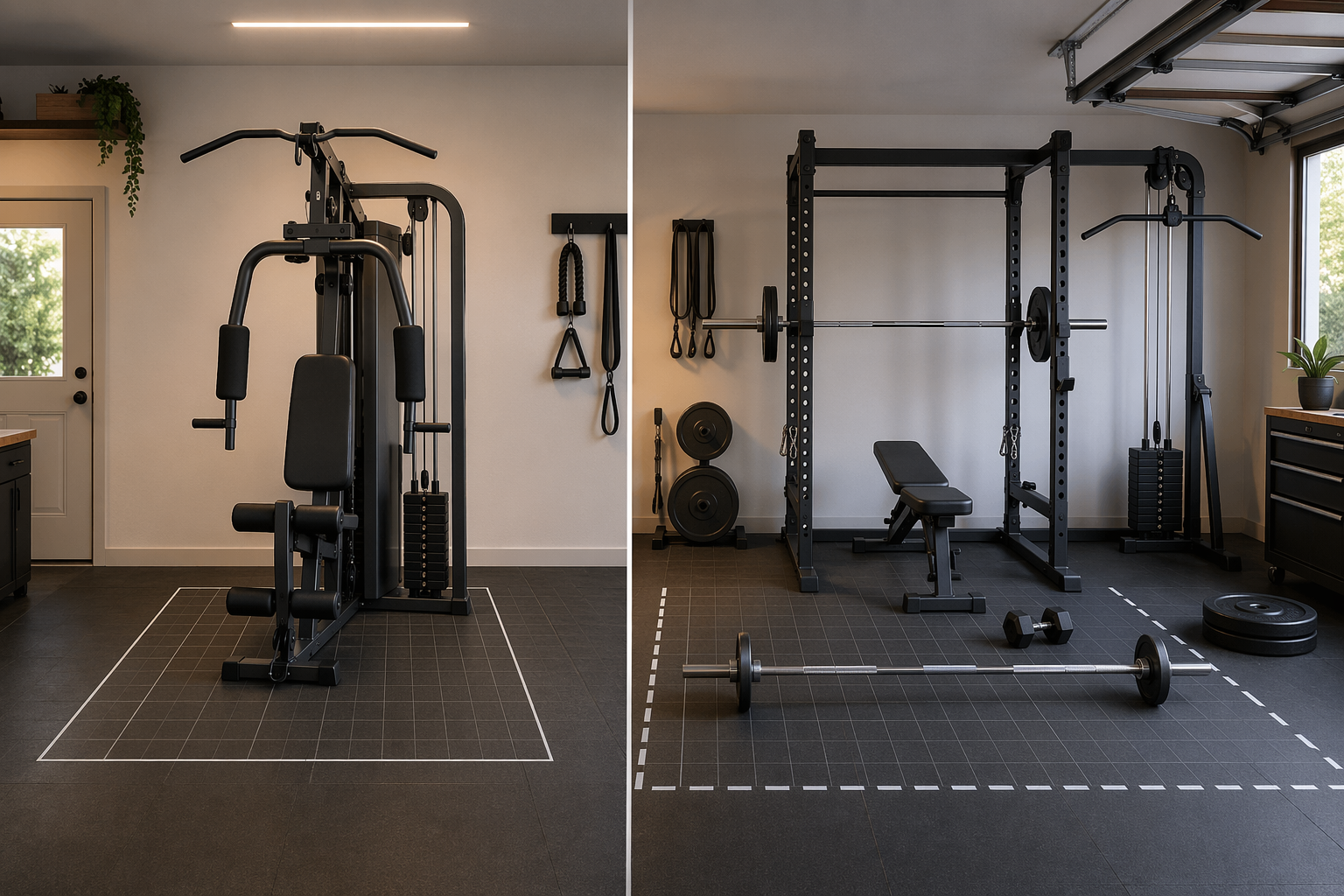 Garage gym split between a compact all-in-one and a wider separate setup