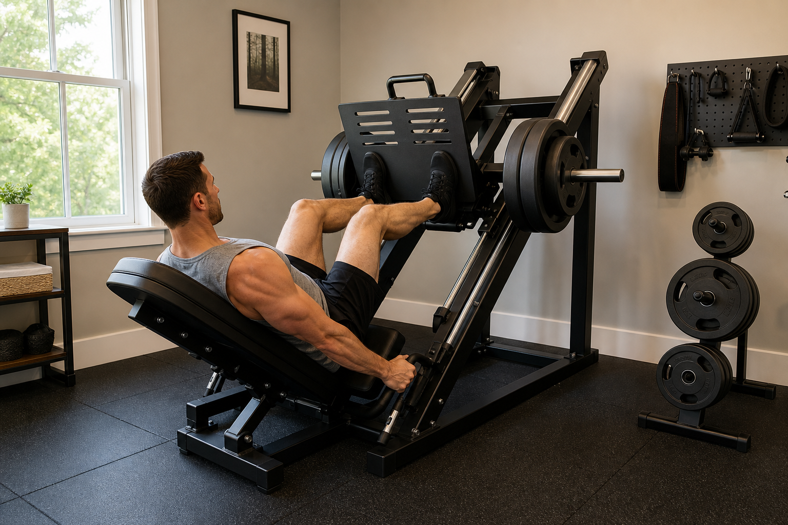 A bright, clean home gym with a compact leg press/hack squat combo machine against a wall on rubber flooring, a weight tree beside it, and a person in athletic wear mid-rep on the machine with good form, with natural light from a nearby window
