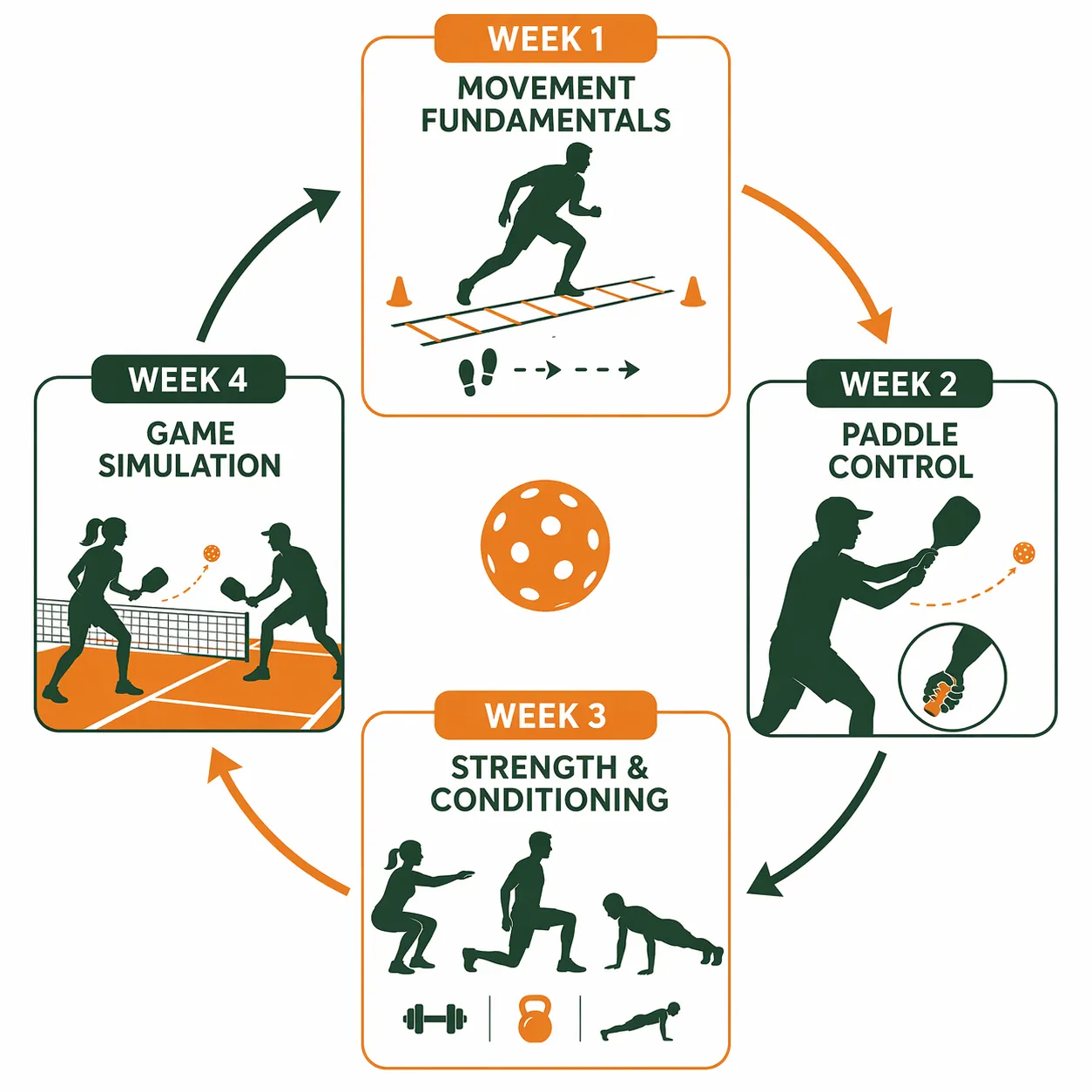 Four-week pickleball home training progression showing movement fundamentals, paddle control, strength and conditioning, and game simulation