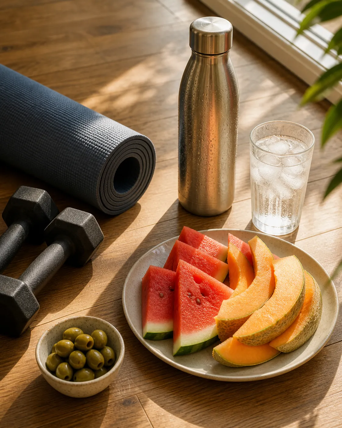 Home workout mat, dumbbells, water, melon, and olives arranged on a wooden floor in summer light