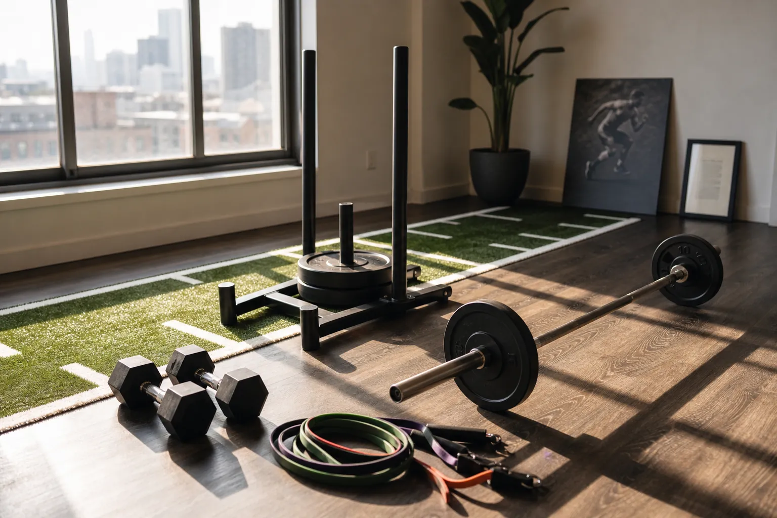 Apartment home gym setup with dumbbells, bands, barbell, and a small weighted sled in natural light