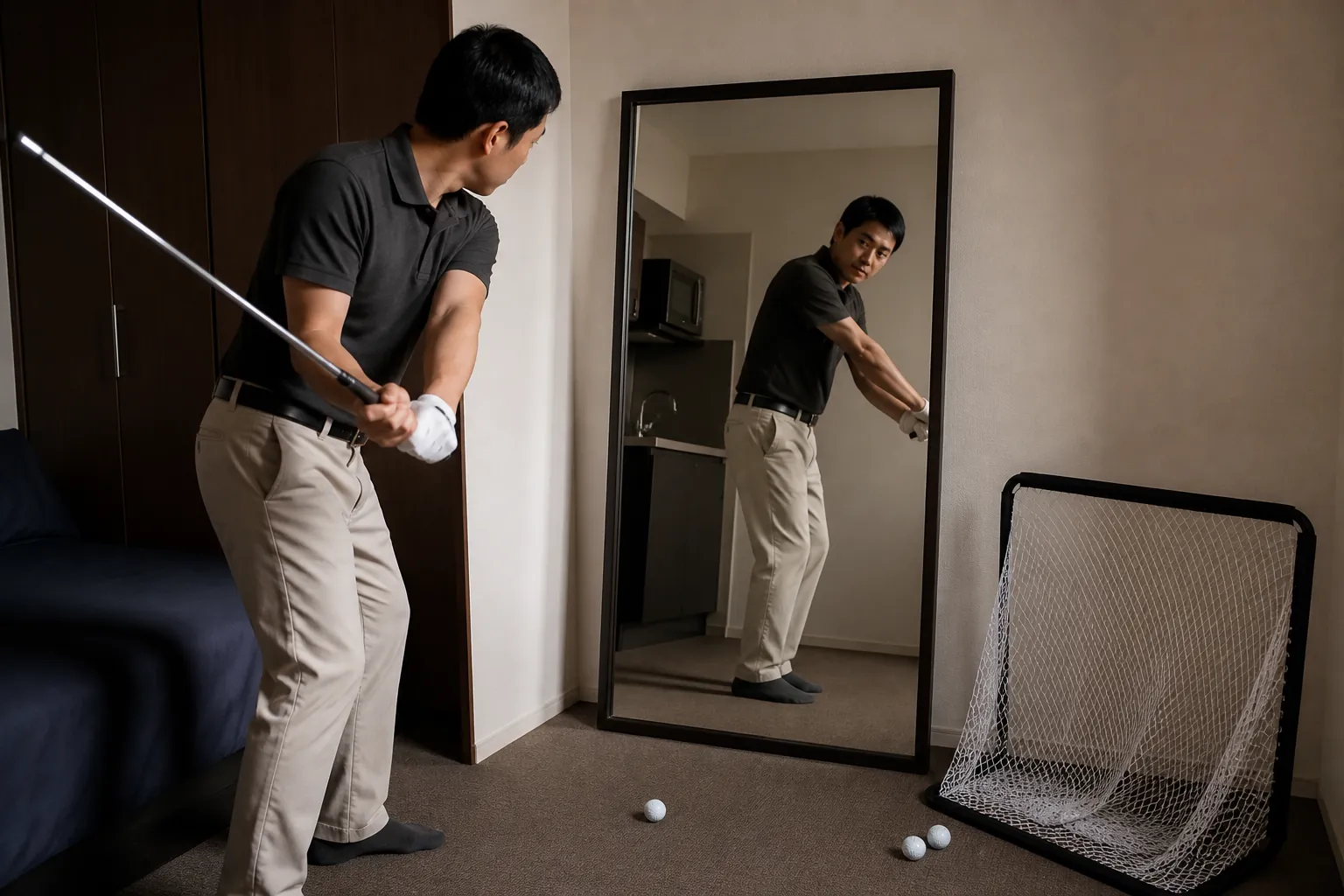 Golfer checking a slow waist-high half swing in a mirror in a small apartment corner