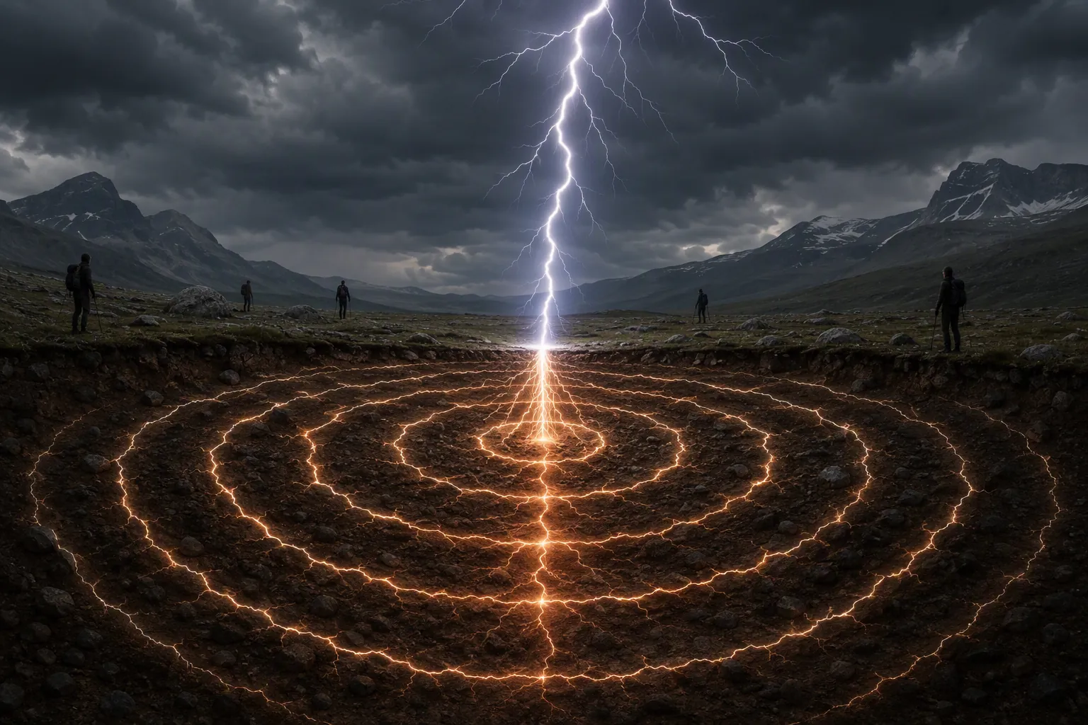Diagram of lightning striking the ground with electrical current radiating outward toward hikers