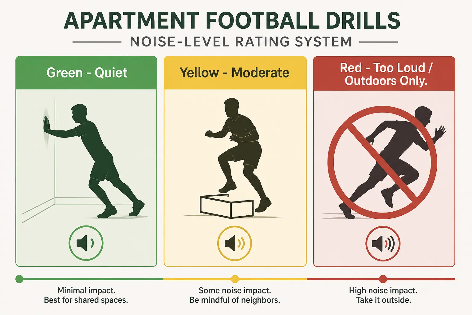 Green yellow and red noise-level drill rating system for apartment football conditioning