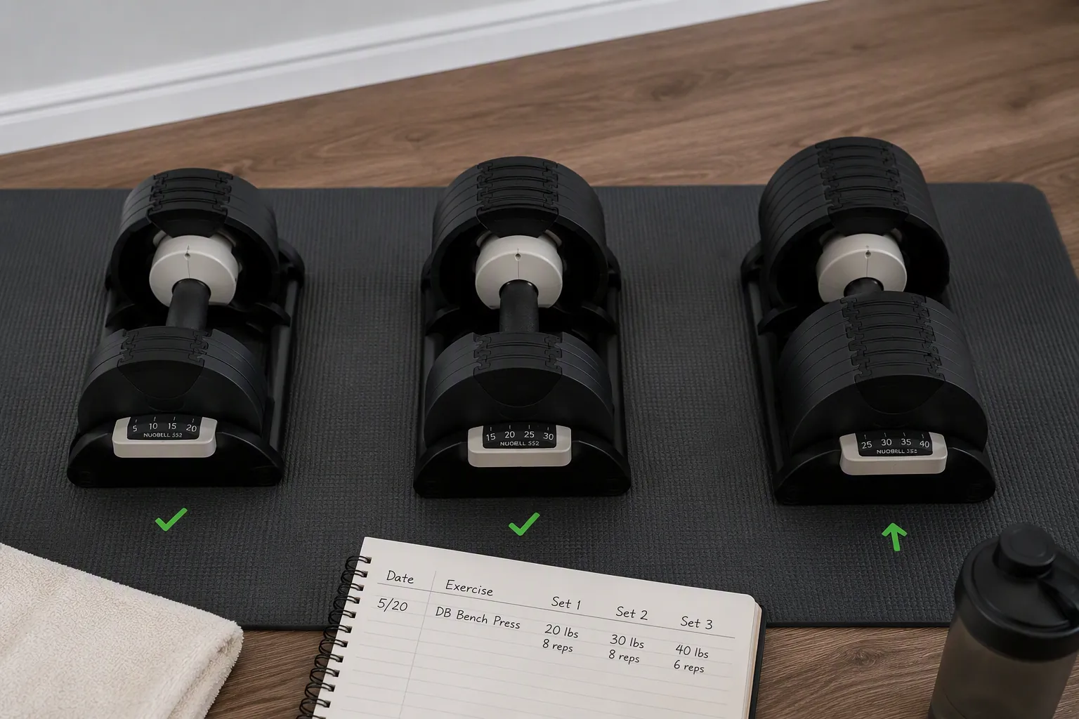 Workout mat showing three dumbbell progression stages and a handwritten training log