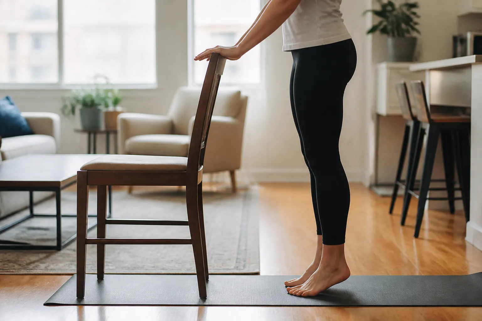 Hands resting on a hip-height wooden chair with feet in parallel on a yoga mat