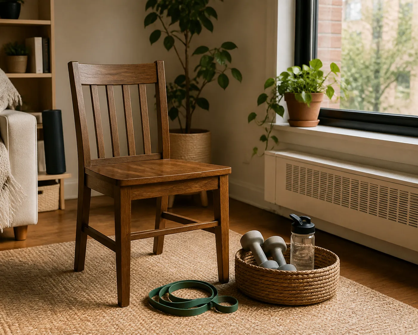 Small apartment corner with a chair, resistance band, light dumbbells, and water bottle
