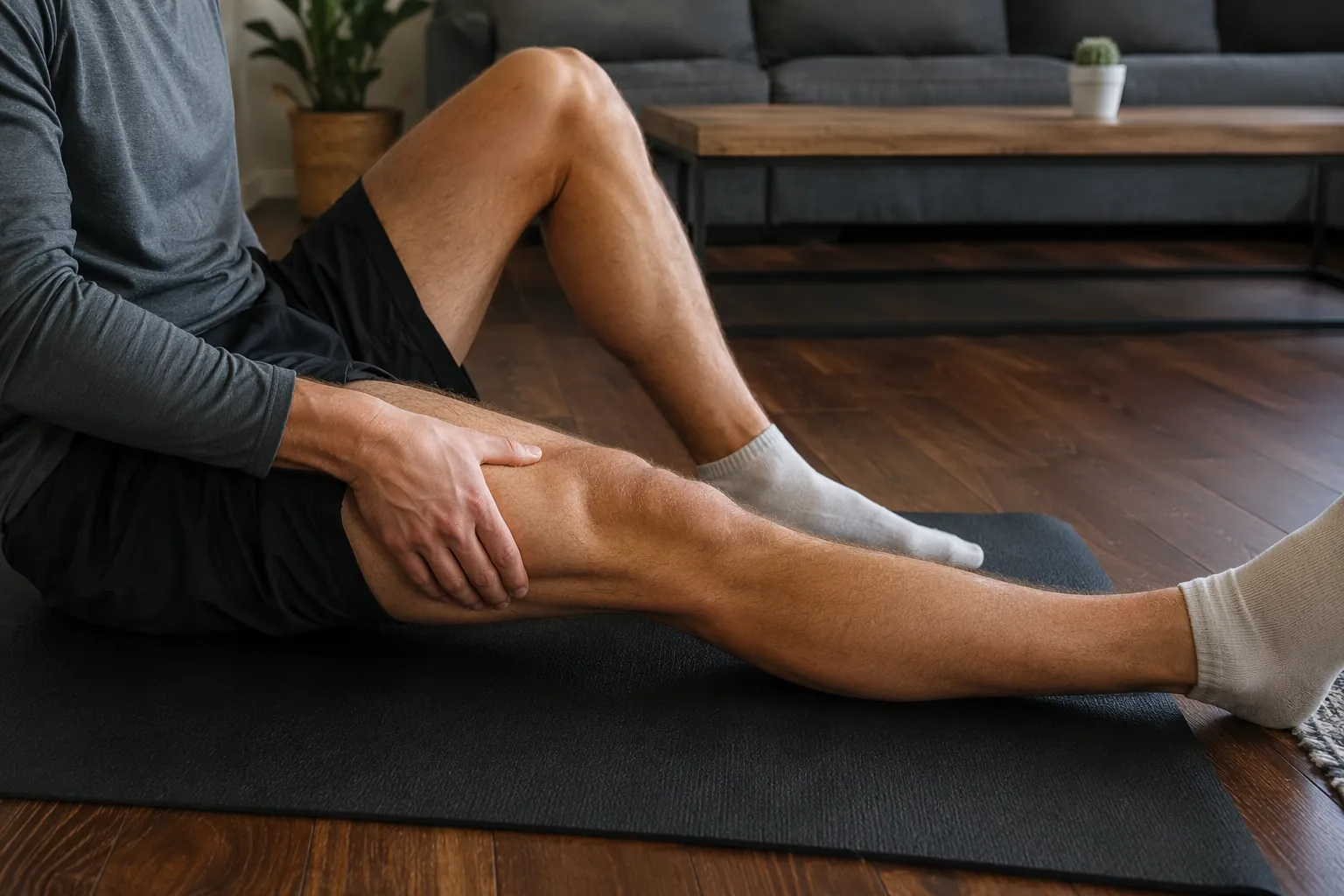 Athlete on a living room floor contracting the quadriceps during ACL rehab