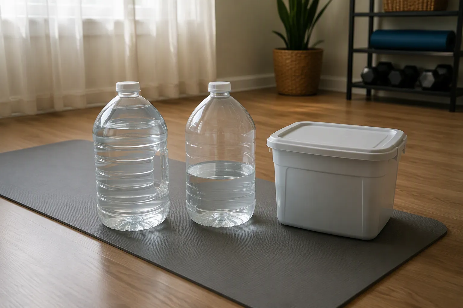 Full and half-filled gallon jugs and a plastic storage container used as improvised home weights