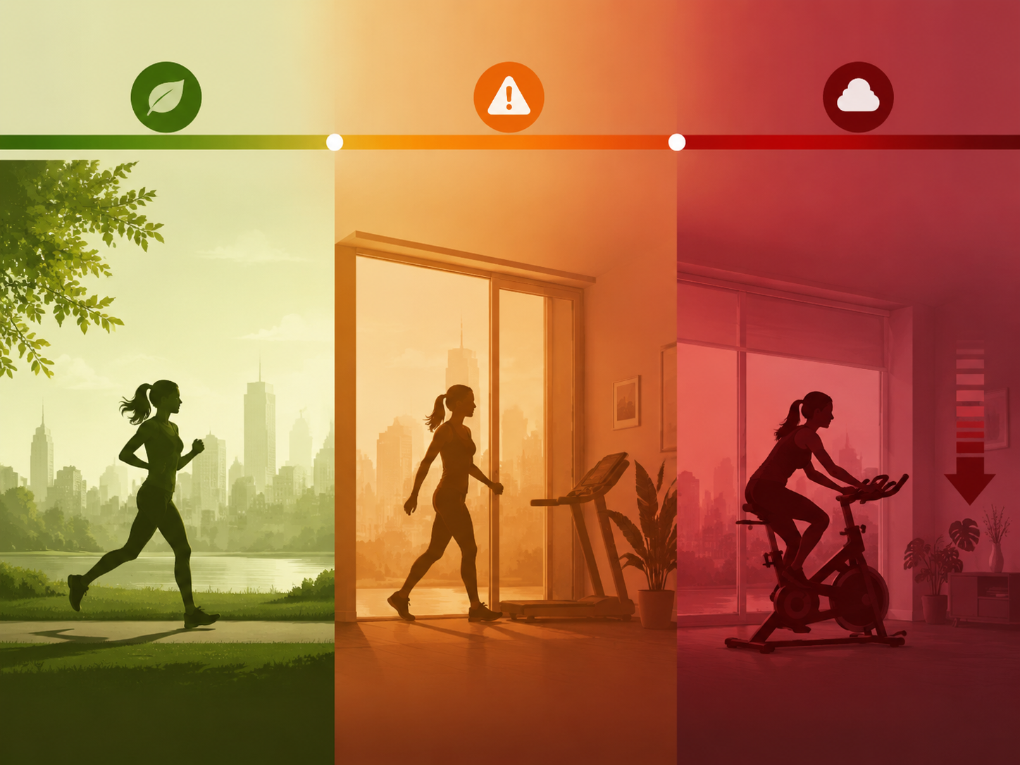 AQI spectrum showing outdoor running in clean air, moving indoors in caution conditions, and reducing indoor intensity in very unhealthy air
