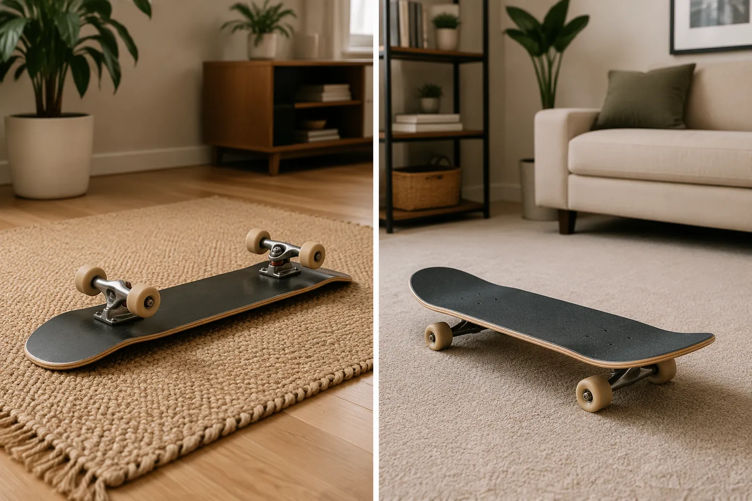 Two skateboard workout setups: upside-down on a rug over hardwood and right-side-up on low-pile carpet