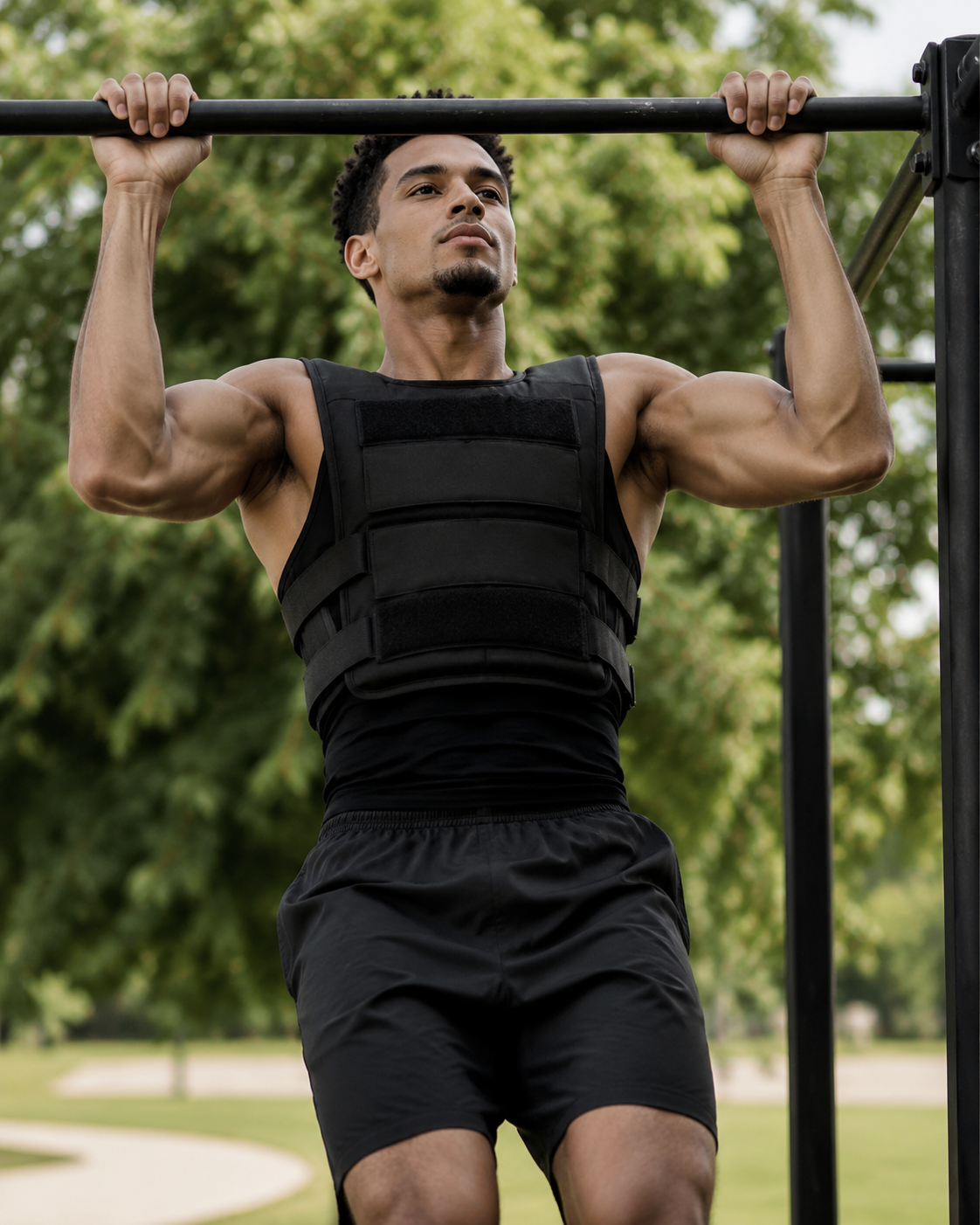 Person doing a pullup outdoors while wearing a black weighted vest