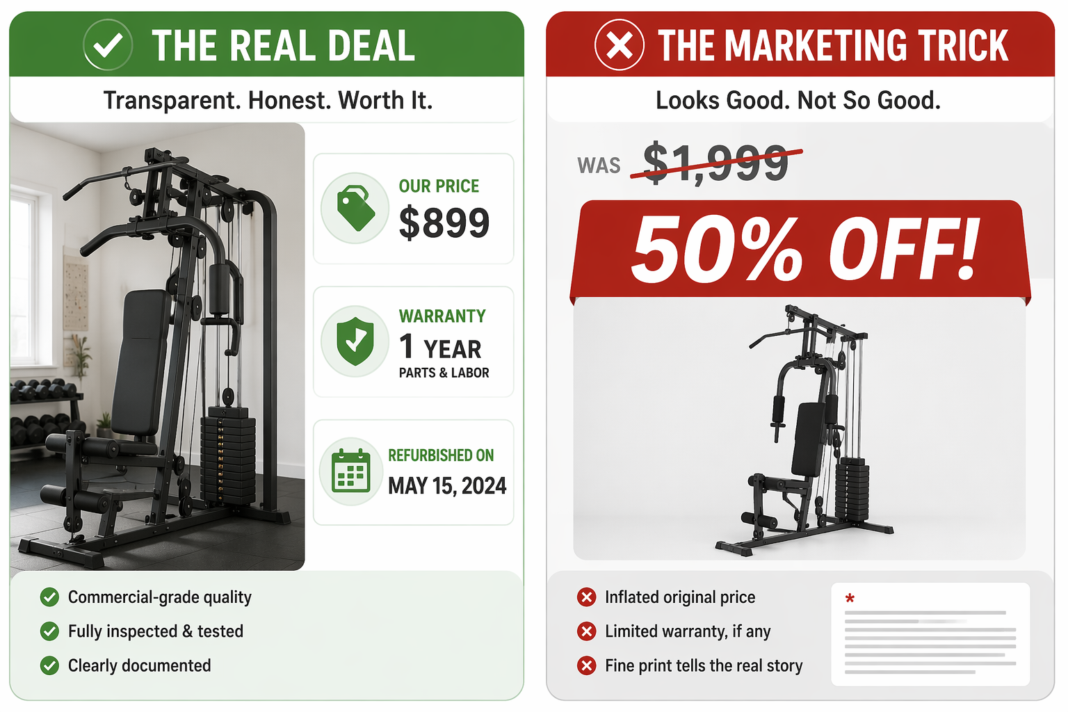 Transparent commercial deal contrasted with a deceptive markdown banner on a generic product image.