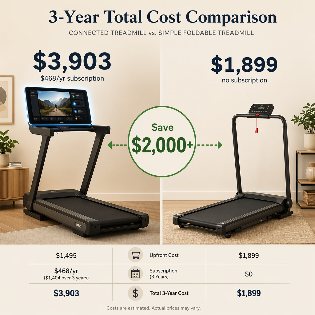 Editorial cost comparison visual: a connected treadmill on the left shows '$3,903' and '$468/yr subscription' text floating above it; a simpler treadmill on the right shows '$1,899' and 'no subscription' text; a green 'Save $2,000+' arrow connects them.