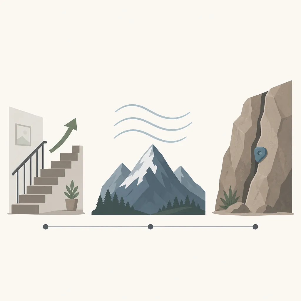 Illustration of a stairwell, mountain altitude, and rock climbing skills as separate elements