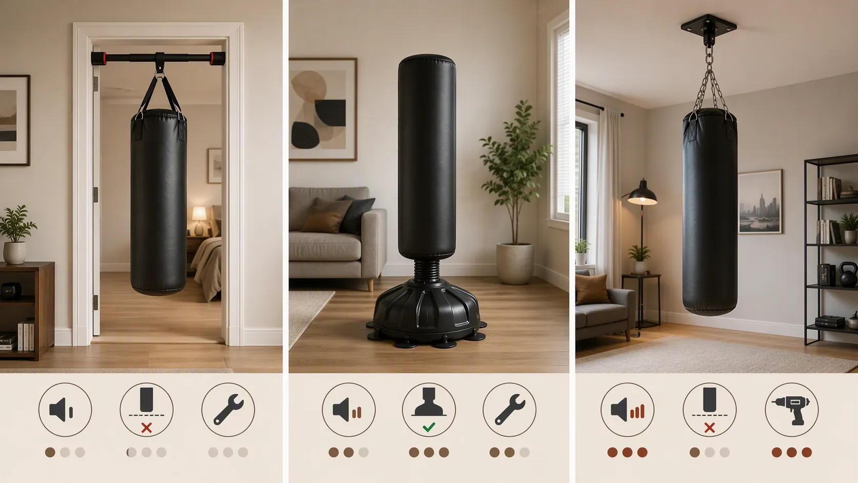 Side-by-side apartment comparison of doorway, freestanding, and ceiling-mounted punching bags