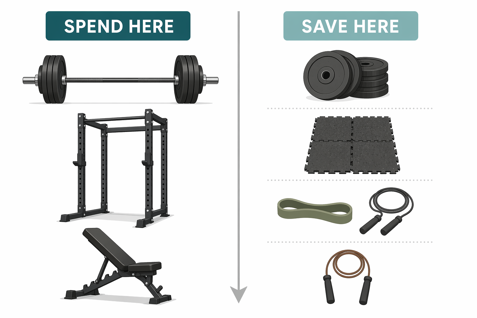 A split comparison visual with a central divider. Left side labeled 'SPEND HERE' shows icons of a barbell, squat rack, and bench with a premium, solid look. Right side labeled 'SAVE HERE' shows icons of weight plates, flooring tiles, a resistance band, and a jump rope with a simpler, budget-friendly look. Muted earth tones with teal accent on a clean white background. No people or brand logos.
