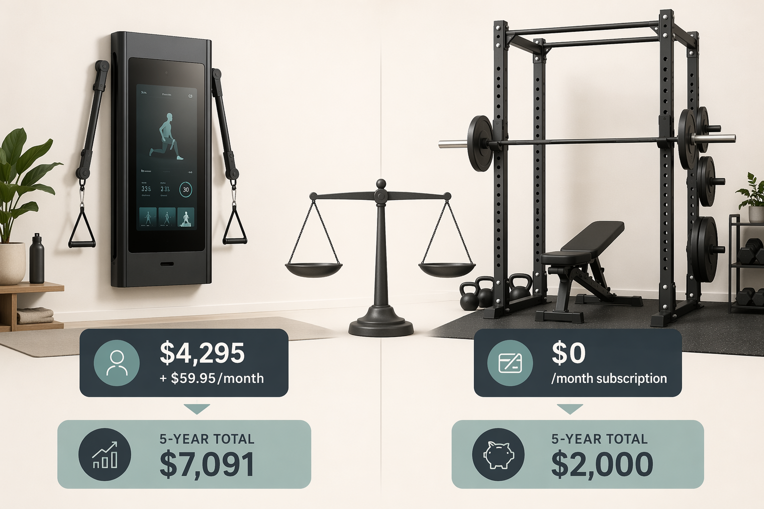 Side-by-side comparison of a wall-mounted smart gym with a 5-year total cost callout and a traditional power rack with a $0/month indicator, with a balanced scale icon between them.