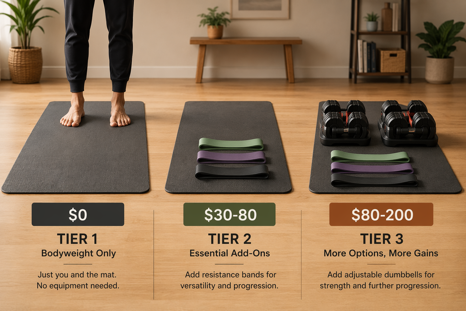 Three home golf workout equipment tiers arranged on a wooden floor: mat only, mat with resistance bands, and mat with bands plus adjustable dumbbells.